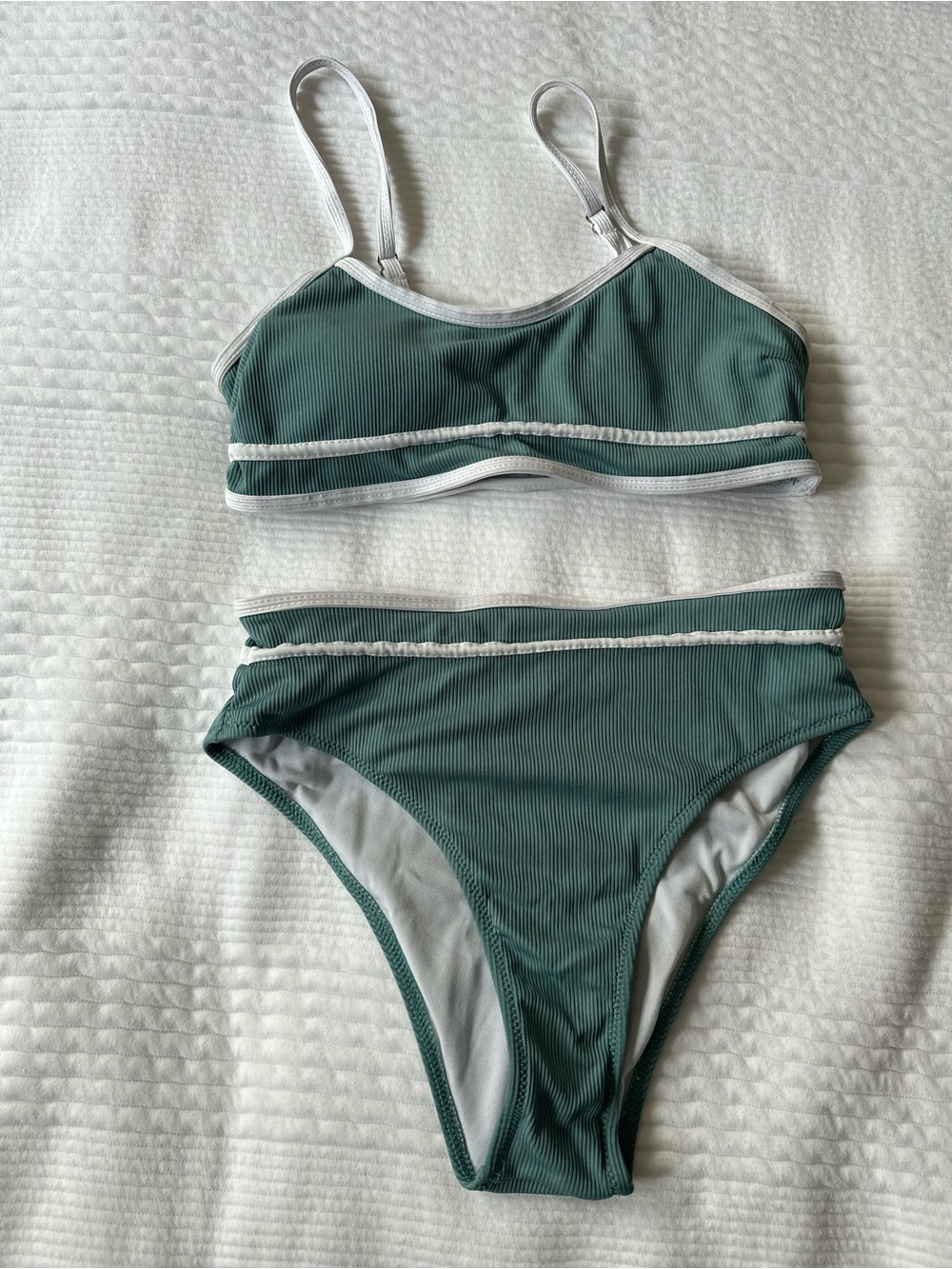Green Ribbed Bikini Set with White Trim